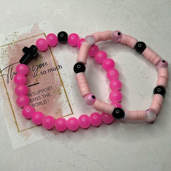 Pink Agate & Evil Eye Bracelet Set - Picture 1 of 3